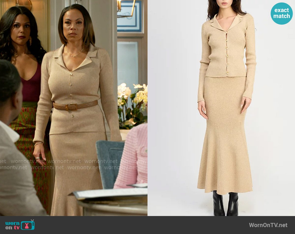 En Saison Gweneth Knit Button-Front Cardigan and Maxi Skirt worn by Nicole Dupree Richardson (Daphnee Duplaix) on Beyond the Gates