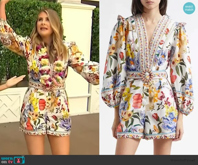 Farm Rio Greek Garden Long Sleeve Plunge Neck Cotton Romper worn by Lauren Herbert on Access Hollywood