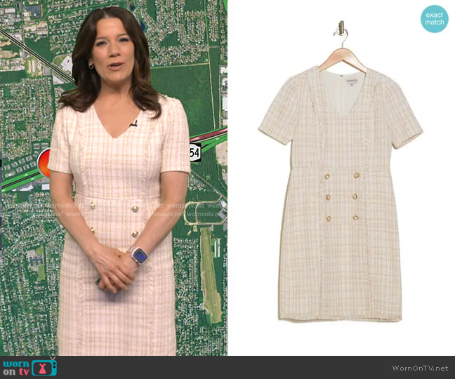 Nanette Lepore Fringed Short Sleeve Tweed Dress in Warm Sand worn by Heather O’Rourke on Good Morning America