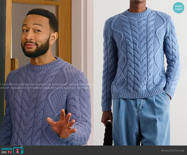 Gabriela Hearst Geoffrey Knit Sweater in Light Blue Denim Cashmere worn by John Legend on The Voice
