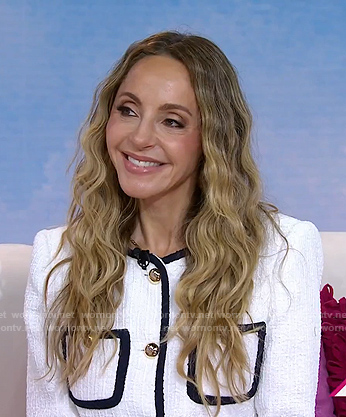 Gabrielle Bernstein’s white contrast trim tweed jacket and shorts on Today
