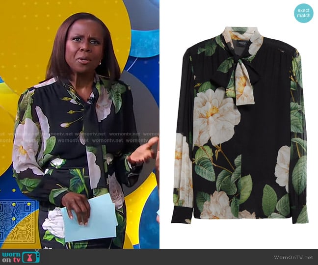 Giambattista Valli Giant Bloom Print Tie Neck Cashmere & Silk Button-Up Shirt worn by Deborah Roberts on Good Morning America
