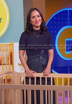 Grace Bastidas’s navy mixed media midi dress on Good Morning America