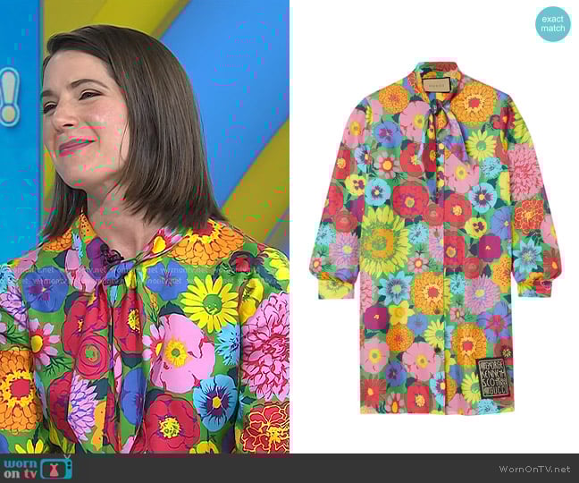 Gucci x Ken Scott Tie-Neck Mini Dress in Multicolor worn by Daryn Carp on Today