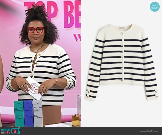 H&M Knit Cardigan in Cream/Blue striped worn by Julee Wilson on Today
