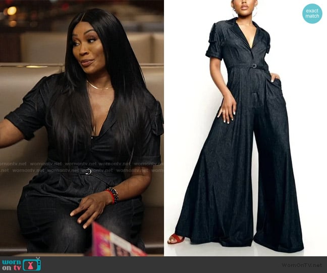 In Earnest by Byron Lars Wide-leg Jersey Denim Jumpsuit worn by Cynthia Bailey on The Real Housewives of Atlanta