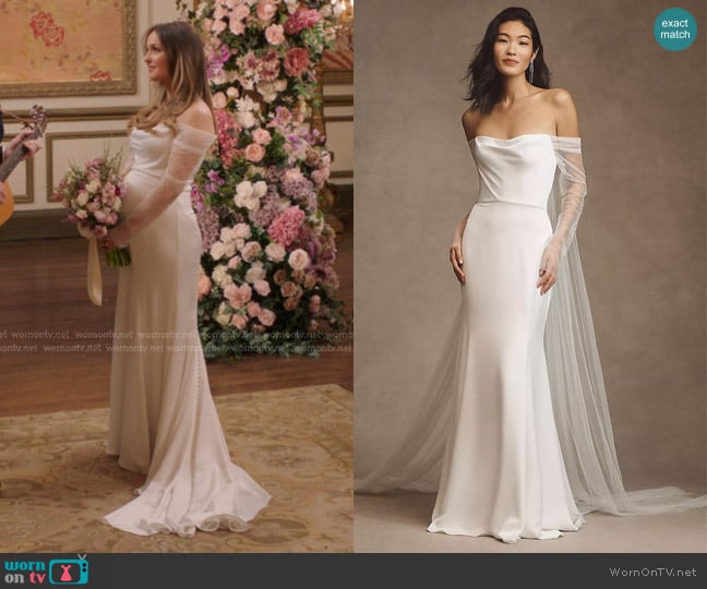 Jenny by Jenny Yoo Olivia Long-Sleeve Off-The-Shoulder Scoop-Neck Column Wedding Gown worn by Jo Wilson (Camilla Luddington) on Greys Anatomy