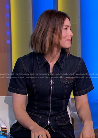 Jessica Biel’s short sleeve denim zip top on Good Morning America