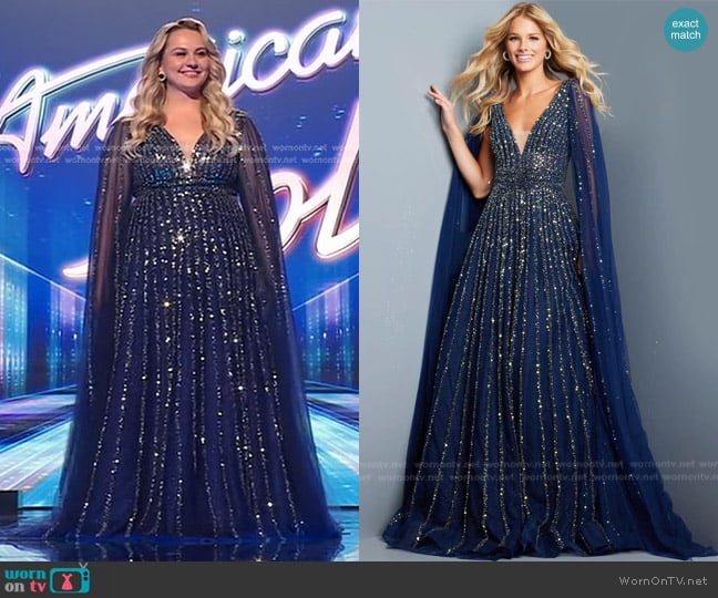 Jovani 23362 Navy Embellished Plunging Neckline A line Dress worn by Breanna Nix on American Idol