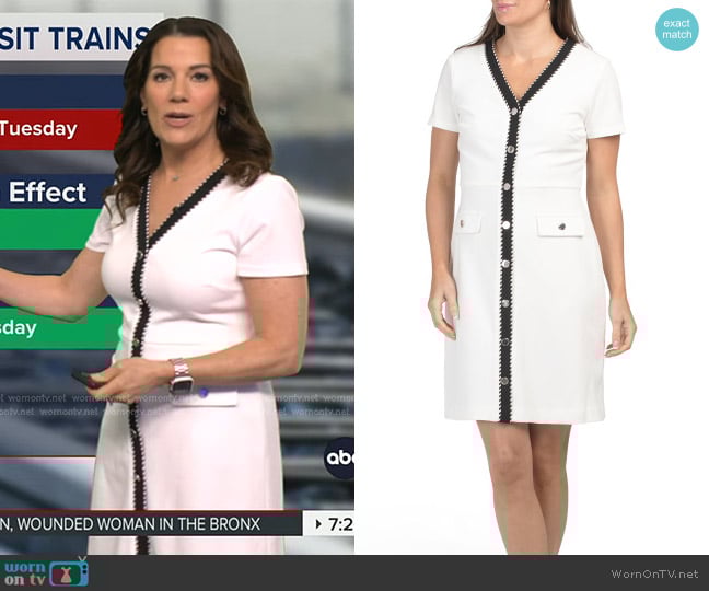 Karl Lagerfeld Contrast Placket V-neck Button Down Mini Dress in Black/soft White worn by Heather O’Rourke on Good Morning America