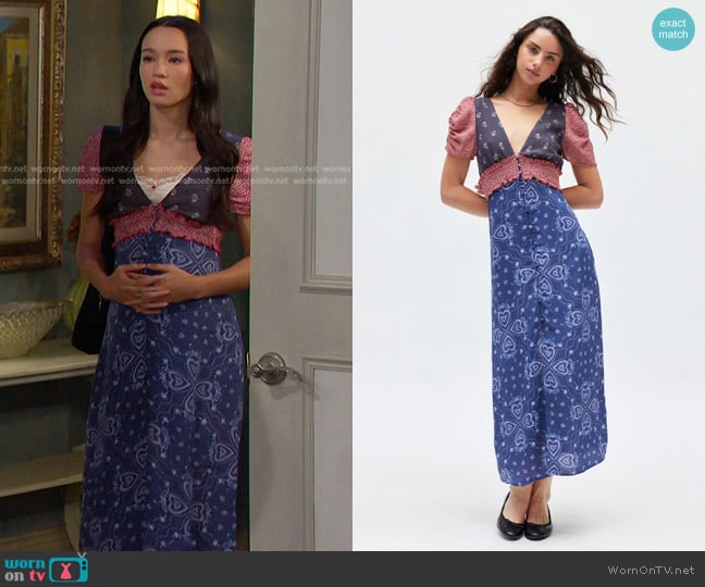 Kimchi Blue Ioni Plunging Puff Sleeve Midi Dress in Assorted worn by Sophia Choi (Rachel Boyd) on Days of our Lives