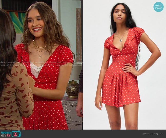 Kimchi Blue Vera Polka Dot Drop Waist Mini Dress worn by Arianna Horton (Marissa Reyes) on Days of our Lives