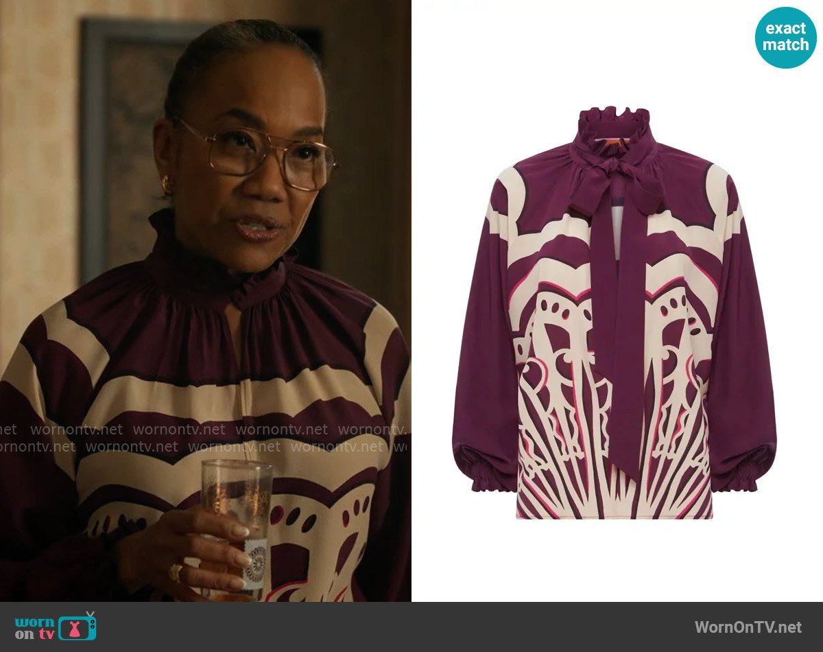 La DoubleJ Cerere geometric-print silk blouse worn by Amanda Wagner (Sonja Sohn) on Will Trent