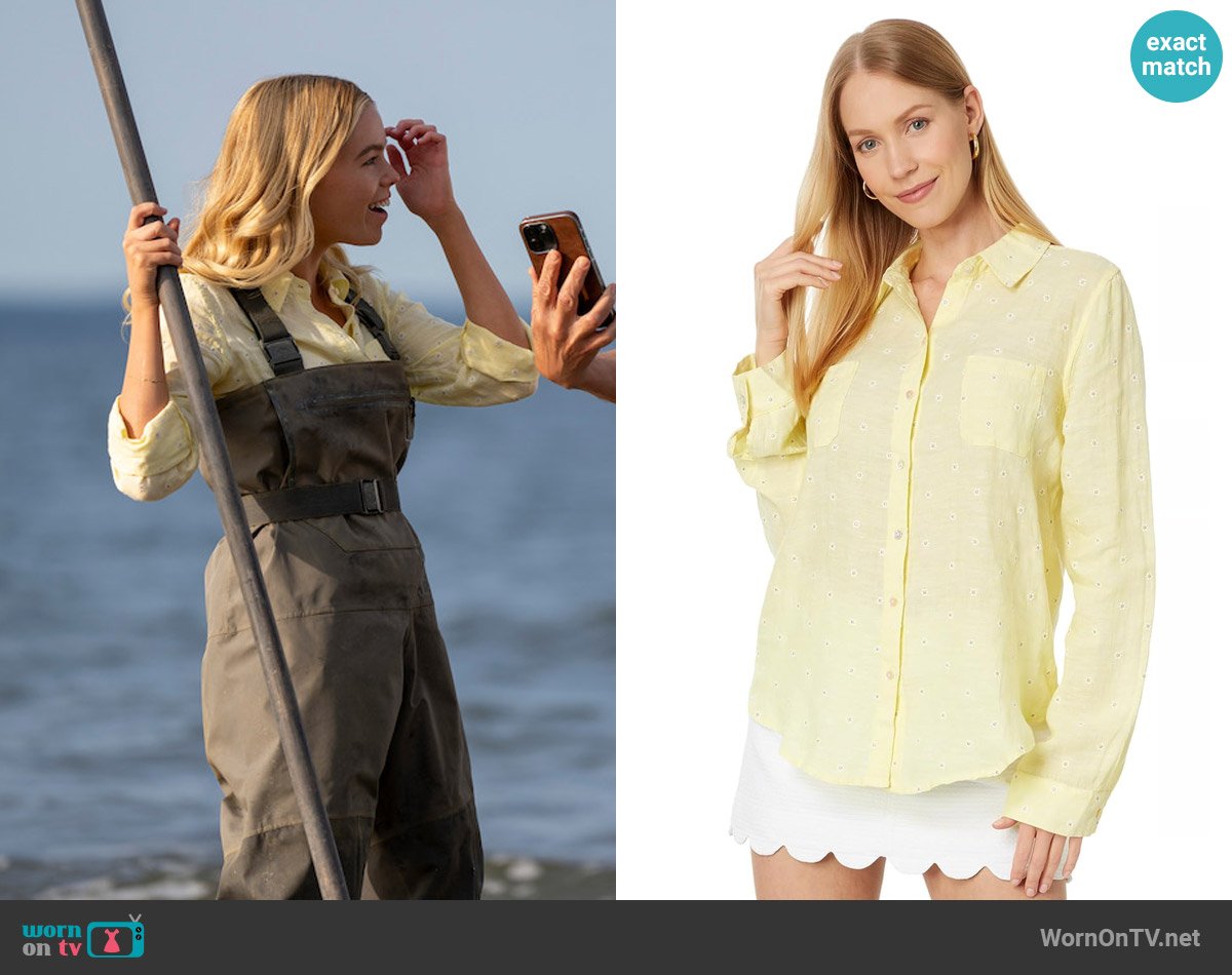 Lilly Pulitzer Sea View Linen Button Down Top in Finch Yellow You Drive Me Daisy worn by Simone DeWitt (Milly Alcock) on Sirens