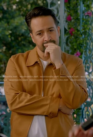 Lin-Manuel Miranda’s camel zip front jacket on American Idol