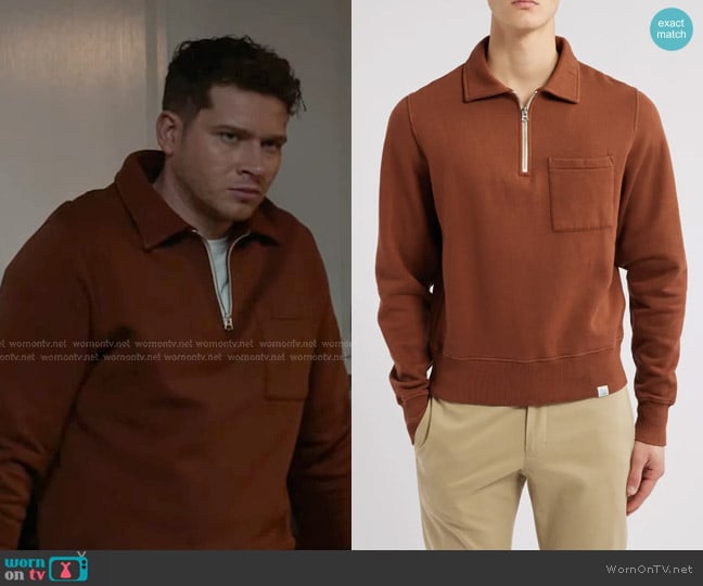 Merz B Schwanen Quarter Zip Organic Cotton Sweatshirt in Chestnut worn by Evan Buckley (Oliver Stark) on 9-1-1