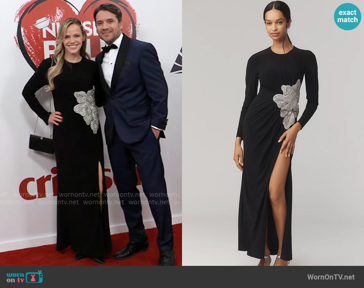 Mac Duggal Long-Sleeve Embellished Side-Slit Maxi Dress worn by Lulu Spencer (Alexa Havins Bruening) on General Hospital