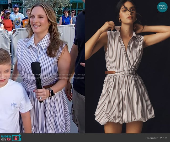 Maeve Belted Bubble-Hem Mini Shirt Dress in Brown Stripe worn by Jennifer Llamas on Today