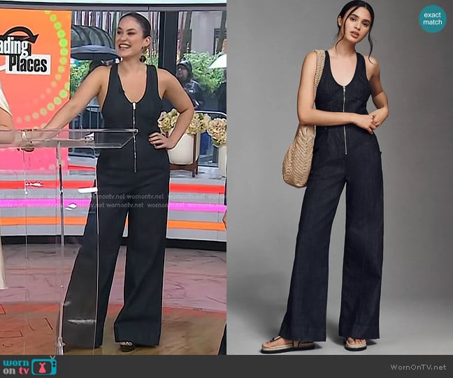 Maeve Sleeveless V-Neck Flare Denim Jumpsuit worn by Donna Farizan on Today