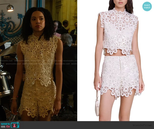 Maje Lozimette Sequined Floral Top worn by Mishi Duplessis (Tais Vinolo) on Etoile