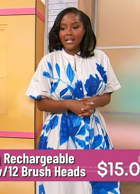 Makho Ndlovu’s white and blue floral print dress on Sherri