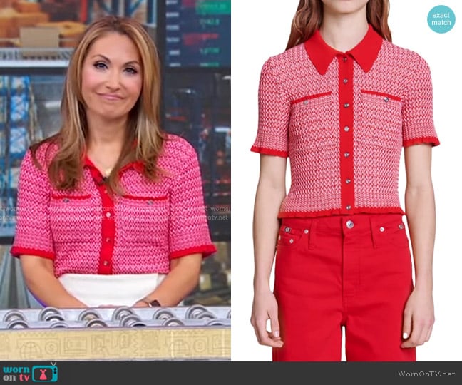 Maje Manamaille Herringbone Cardigan worn by Lori Bergamotto on Good Morning America
