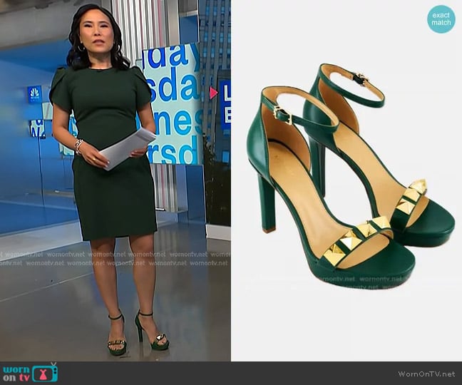 MICHAEL Michael Kors Margot Platform Heel Sandals in Jewel Green worn by Vicky Nguyen on NBC News Daily