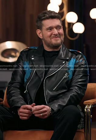 Michael Bublé’s black hand painted leather moto jacket on The Voice