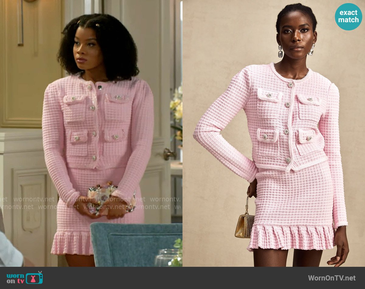 Miss Rosier Fabienne pink waffle-knit jacket & skirt matching set worn by Eva Thomas (Ambyr Michelle) on Beyond the Gates