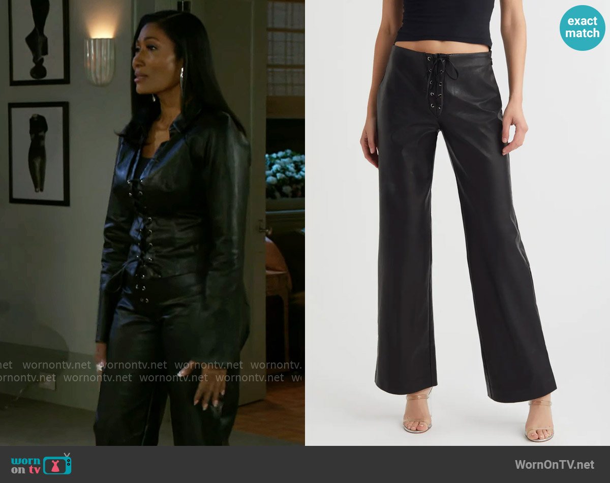 Mistress Rocks Faux Leather Flare Pants worn by Dana 'Leslie' Thomas (Trisha Mann-Grant) on Beyond the Gates