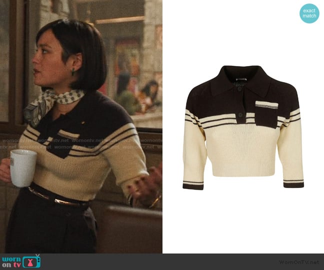 Miu Miu Striped Trim Polo Shirt worn by Quinn Hackett (Chase Sui Wonders) on The Studio