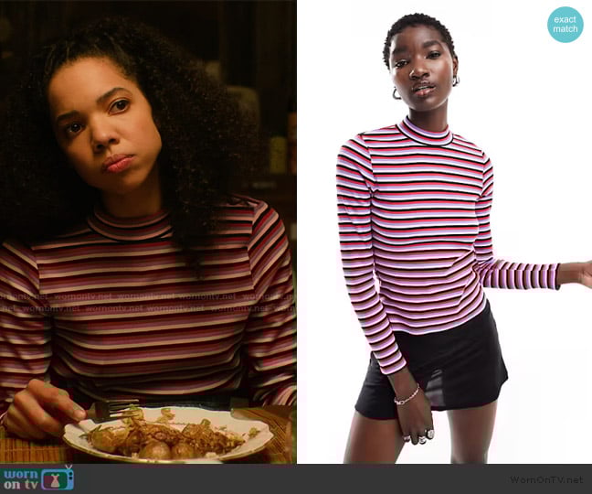 Monki Samina cotton ribbed long sleeve high neck top in multi stripe worn by Mishi Duplessis (Tais Vinolo) on Etoile