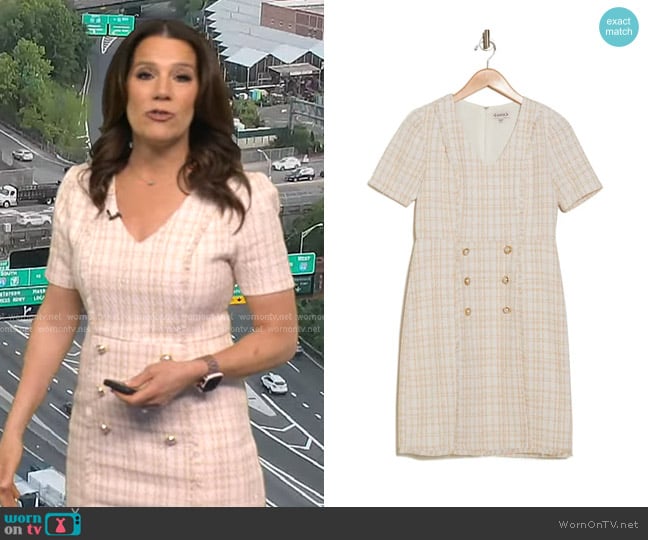 Nanette Lepore Fringed Short Sleeve Tweed Dress in Warm Sand worn by Heather O’Rourke on Good Morning America
