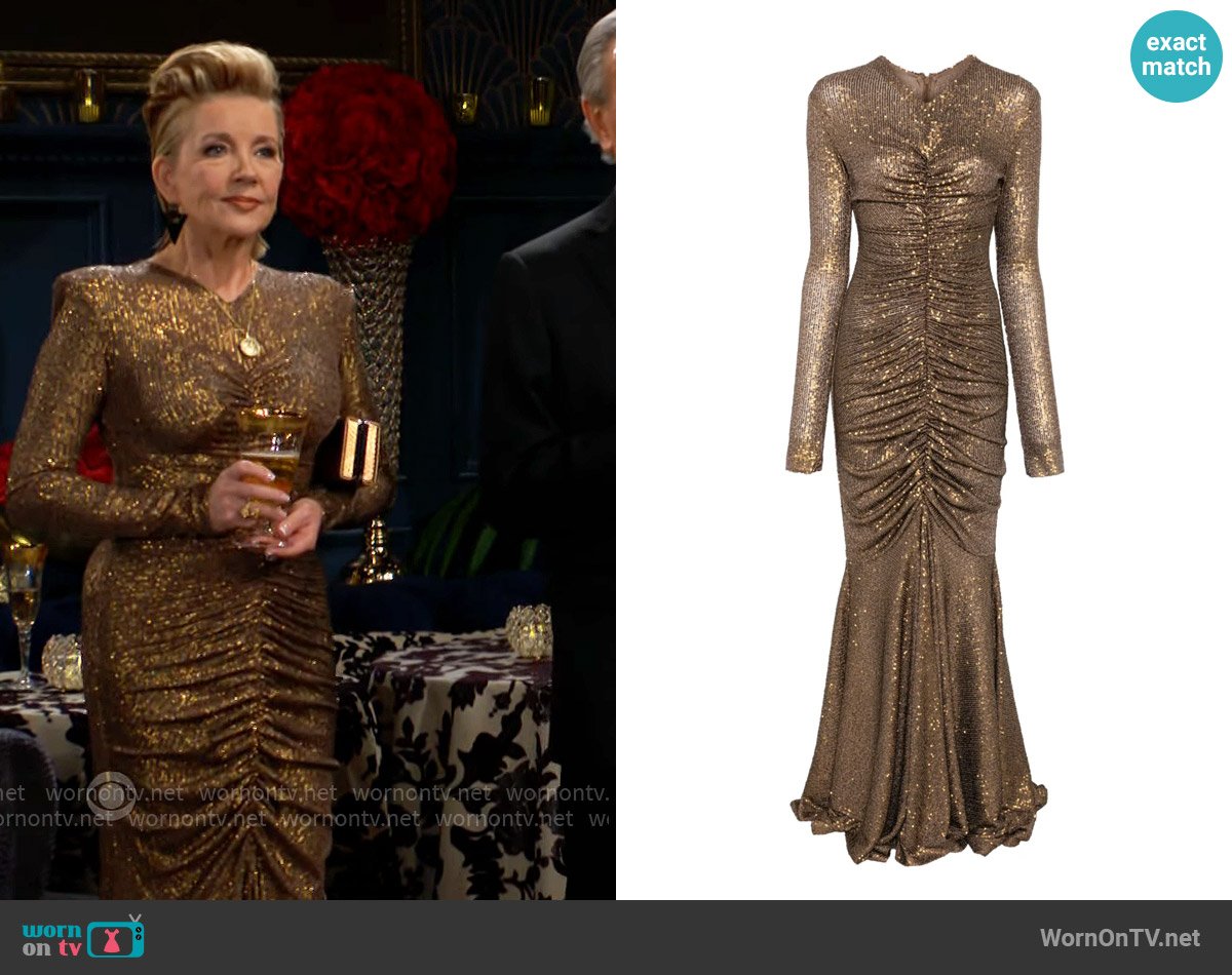 Norma Kamali Long-sleeve Fishtail Gown worn by Nikki Reed Newman (Melody Thomas-Scott) on The Young and the Restless