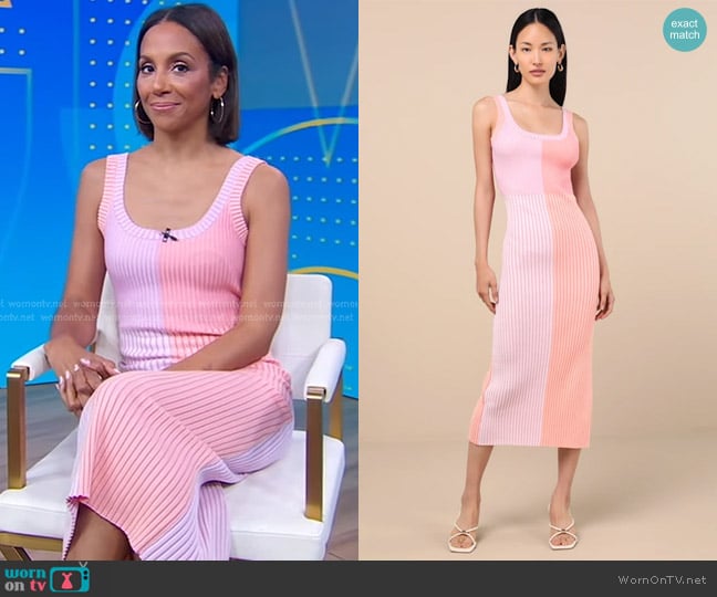 Lulus Radiant Personality Pink Color Block Ribbed Knit Midi Dress worn by Tia Williams on Good Morning America