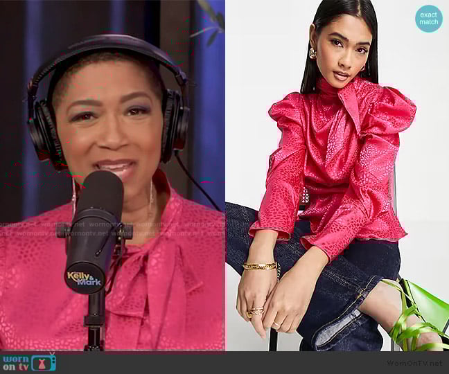 ASOS Tie neck puff sleeve blouse in bright pink worn by Deja Vu on Live with Kelly and Mark