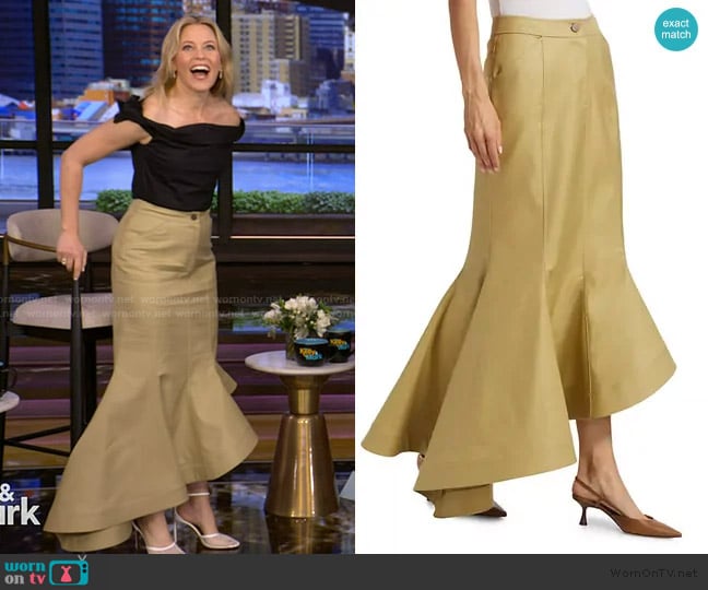 Rosie Assoulin Wave Cotton Twill Midi Skirt worn by Elizabeth Banks on Live with Kelly and Mark