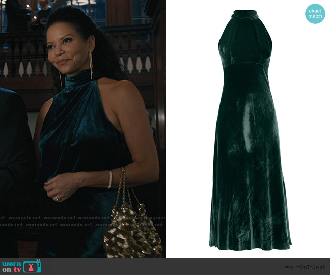 Saloni Michelle Halter Neck Velvet Midi Dress worn by Claudia Payne (Gloria Reuben) on Elsbeth