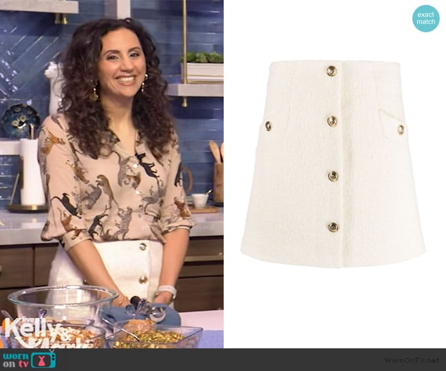 Sandro Button-Embellished Bouclé Miniskirt worn by Yumna Jawad on Live with Kelly and Mark