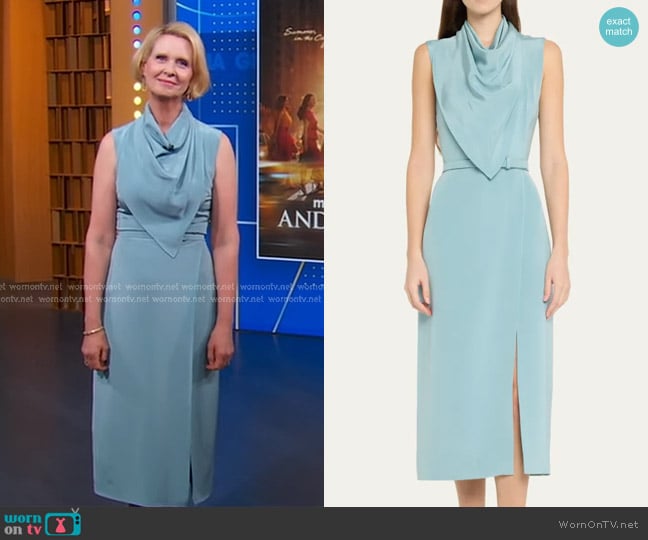 Adam Lippes Scarf Drape Silk Crepe Midi Dress with Belt worn by Cynthia Nixon on Good Morning America