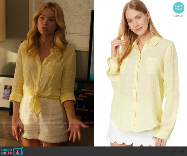 Lilly Pulitzer Sea View Linen Button Down Top in Finch Yellow You Drive Me Daisy worn by Simone DeWitt (Milly Alcock) on Sirens