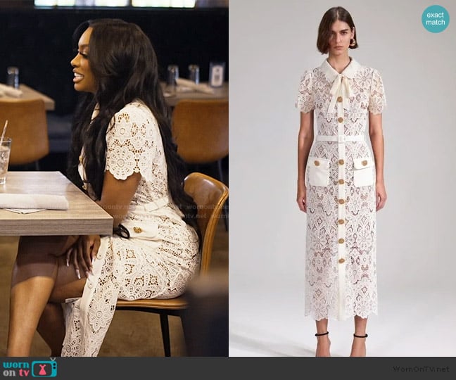 Self Portrait Ivory Floral Lace Guipure Midi Dress worn by Porsha Williams on The Real Housewives of Atlanta
