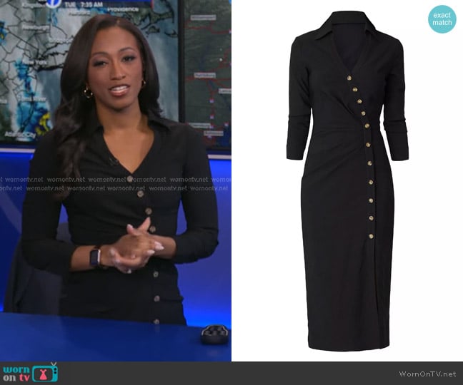 Brittany’s black asymmetric button dress on GMA