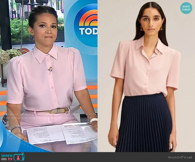 Scanlan Theodore Silk Gather Sleeve Shirt in Rose worn by Laura Jarrett on Today