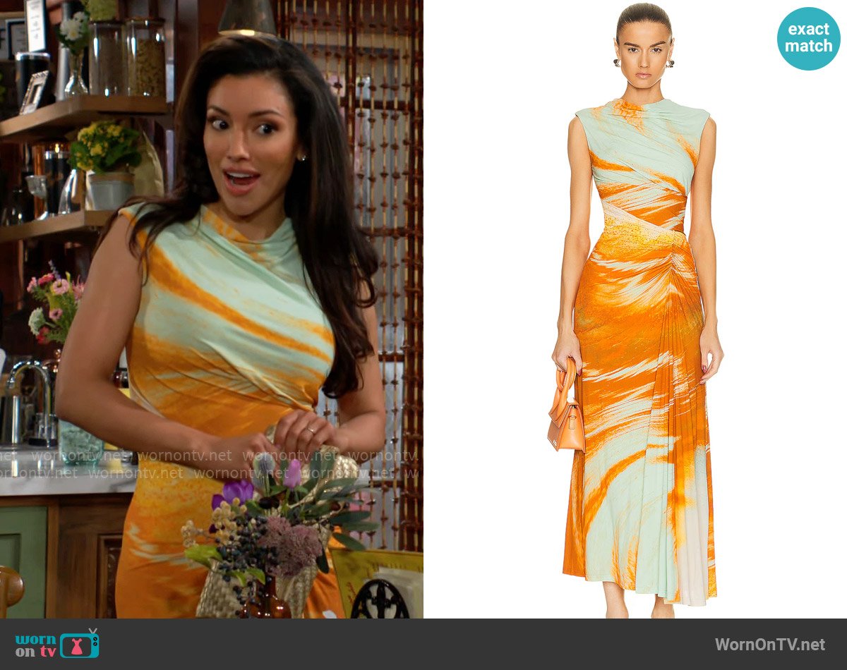 Simkhai Acacia Marble Printed High Neck Ruched Midi Dress worn by Audra Charles (Zuleyka Silver) on The Young and the Restless