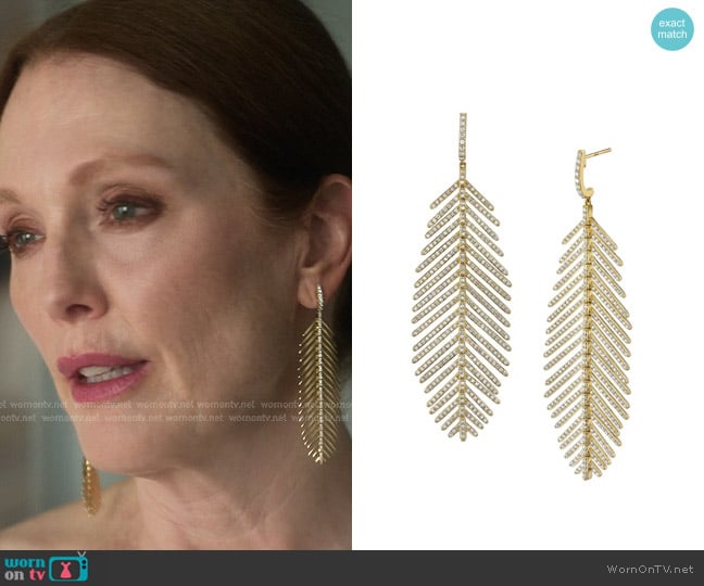 Sloane Street Jewelry 18k Yellow Gold Diamond Feather Drop Earrings worn by Michaela Kell (Julianne Moore) on Sirens