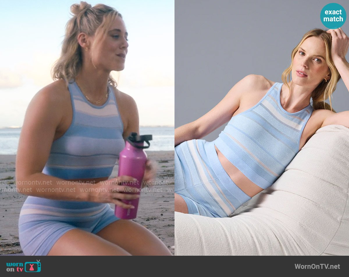 Alo Yoga Sport Play Knit Bra in Seashell Blue / Ivory worn by Ginny (Erika Henningsen) on The Four Seasons