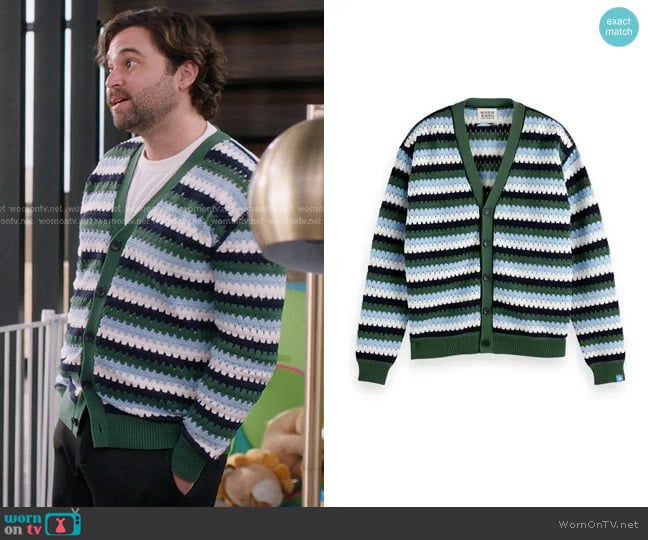 Scotch & Soda Stripe Open Stitch Cardigan in Sage Green Multi Stripe worn by Levi Schmitt (Jake Borelli) on Greys Anatomy