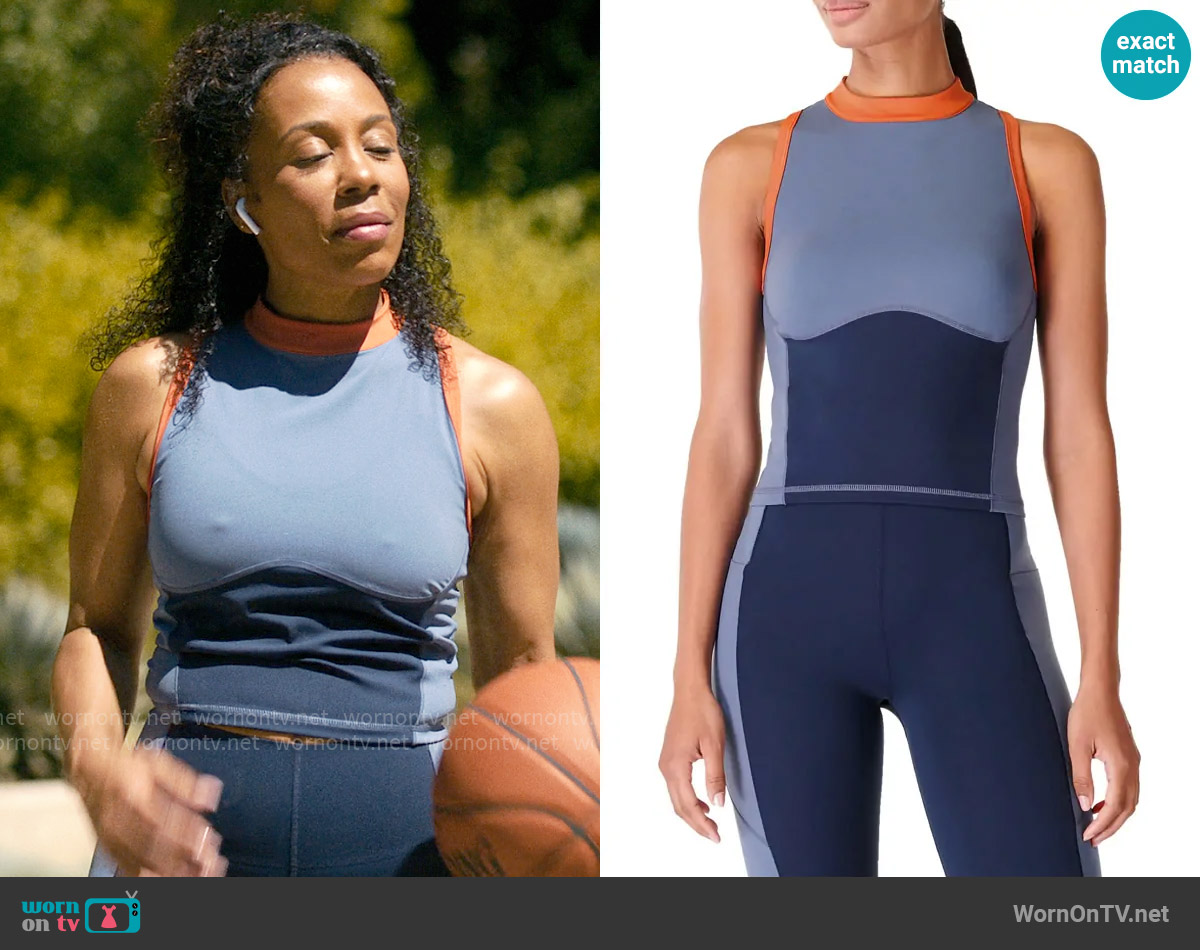 Sweaty Betty Power Colorblock Racerback Crop Tank in Endless Blue worn by Dawn Edwards (Karen Pittman) on Forever