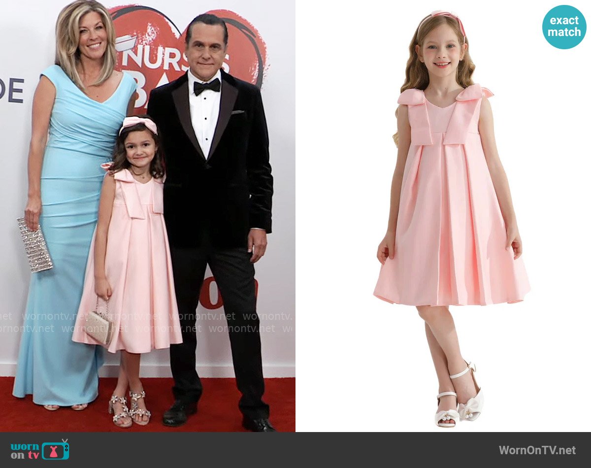 Tulleen Pink Palermo Satin Bow Pleated Dress worn by Donna Corinthos (Scarlett Spears) on General Hospital